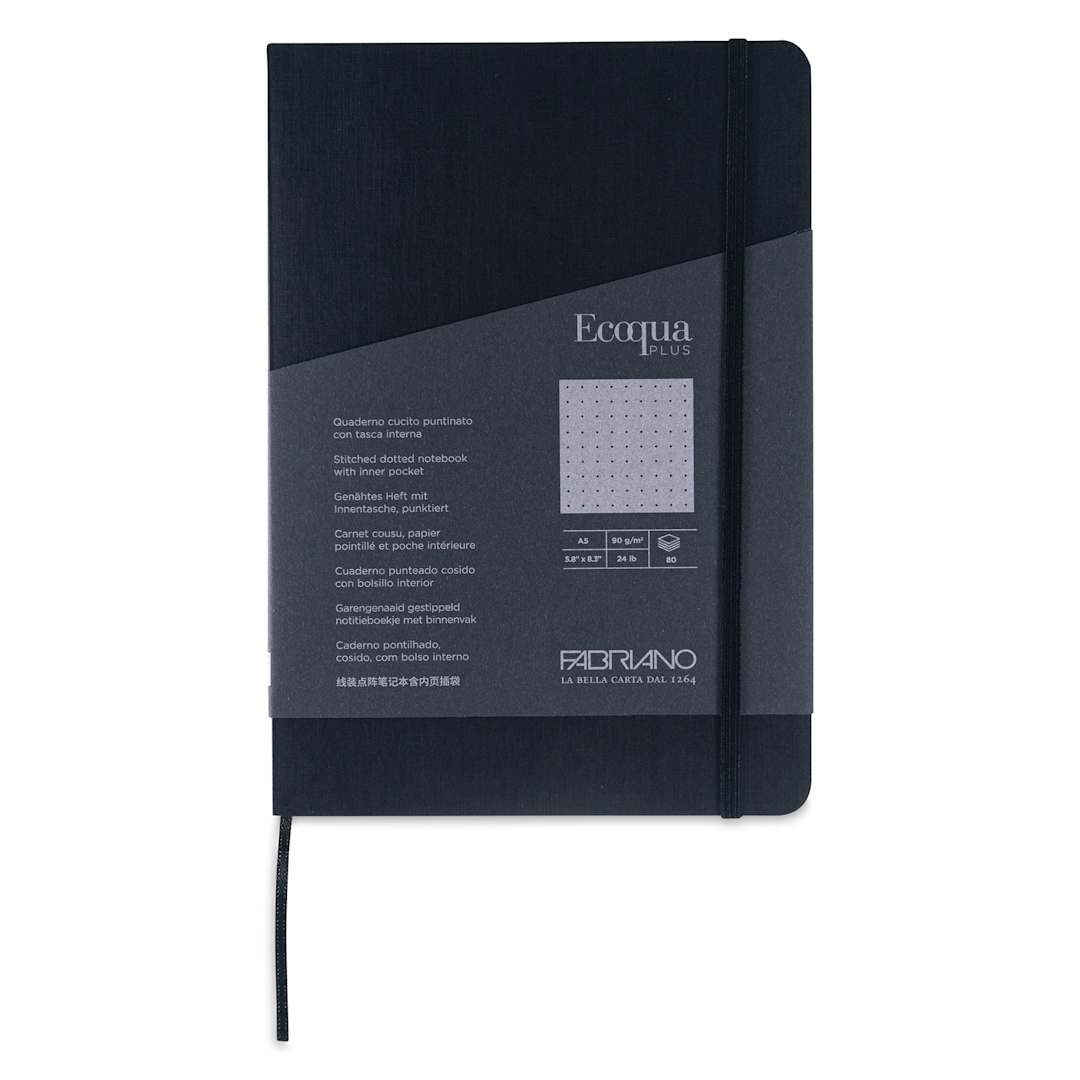Open in modal - Fabriano EcoQua Plus Stitch-Bound Notebook - Black, 5-4/5" x 8-1/4", Dot Grid, front cover