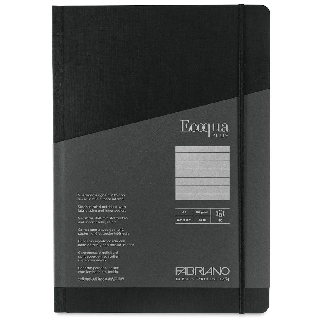Open in modal - Fabriano Ecoqua Plus Fabric-Bound Notebook - Black, 8-1/4" x 11-7/10", Lined, front cover