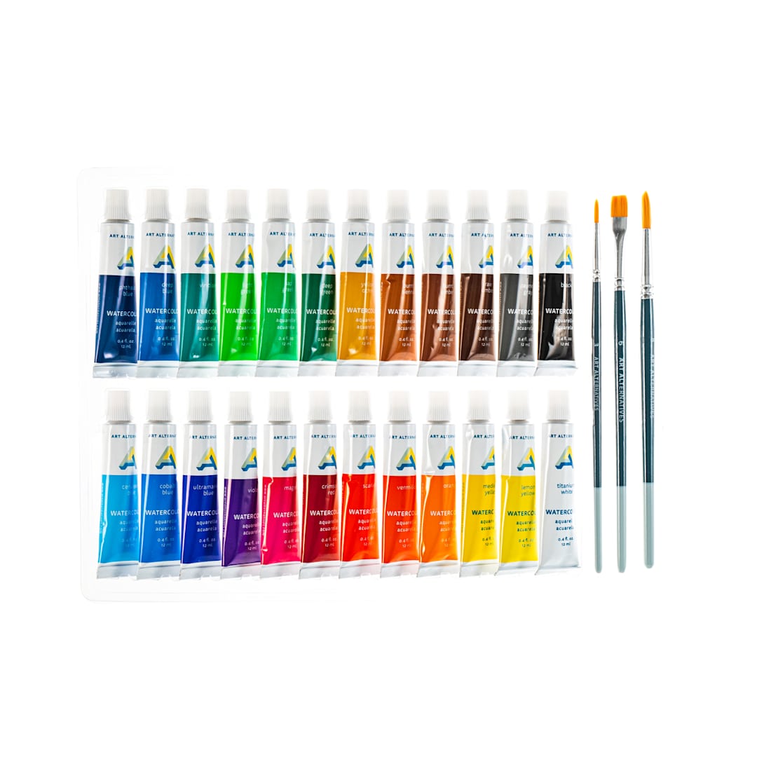 Open in modal - Art Alternatives Economy Watercolor Tubes - Set of 24, 12 ml tubes and brushes lined up
