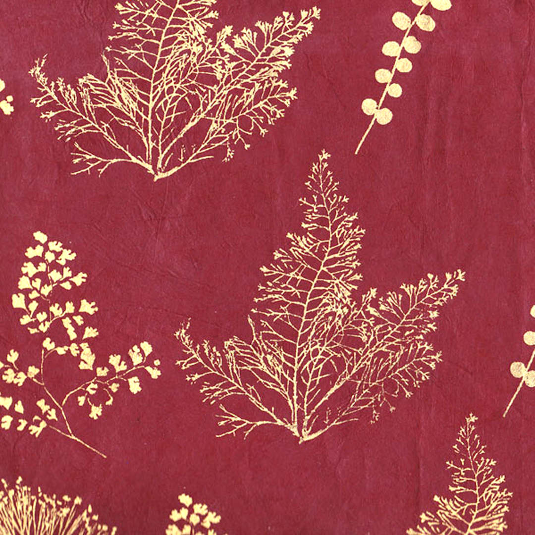 Open in modal - LAMALI Decorative Lokta Paper, 20 in x 30 in, Botanic, Burgundy, Gold Silkscreen