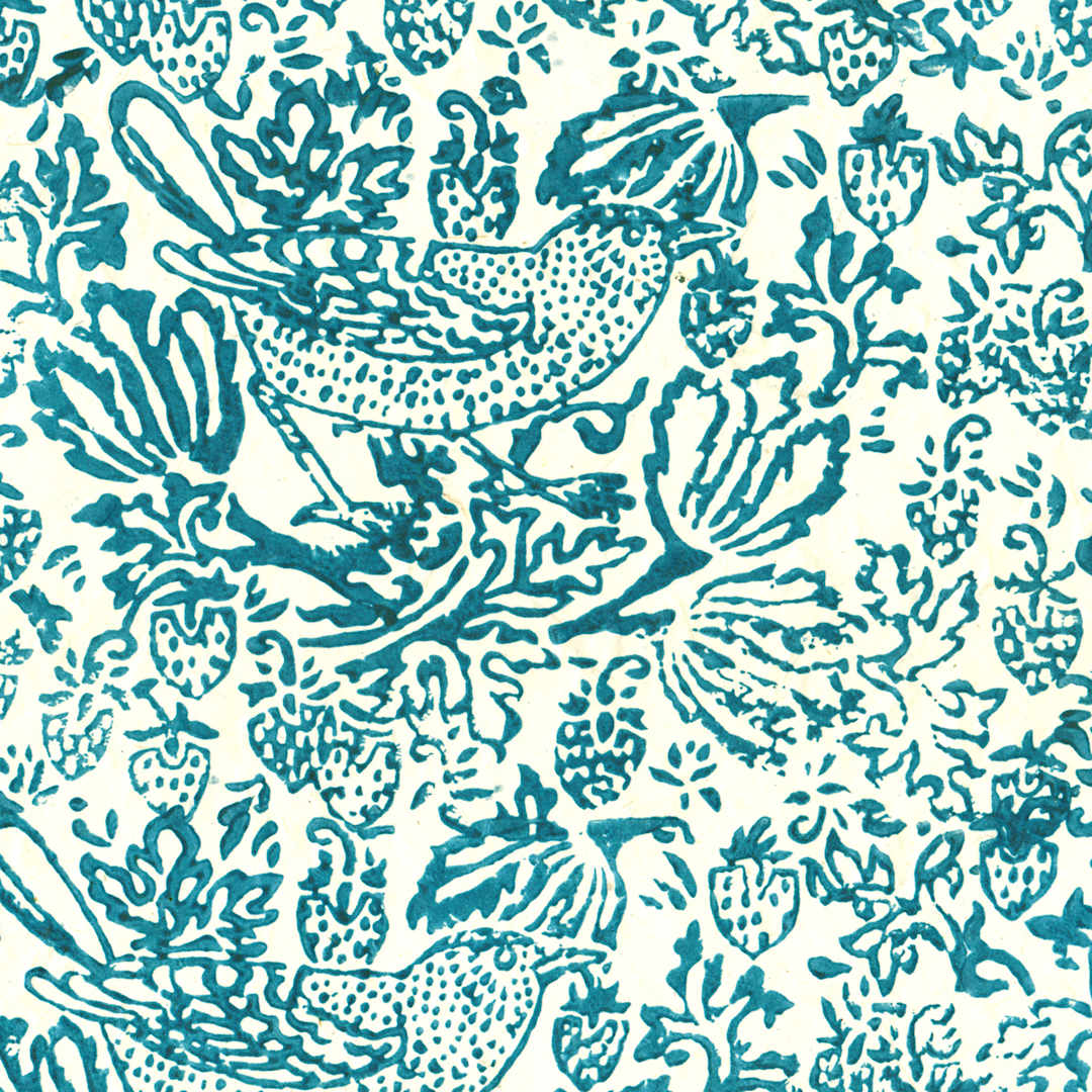 Open in modal - LAMALI Decorative Lokta Paper, 20 in x 30 in, Thrush & Strawberries, White, Blue Silkscreen