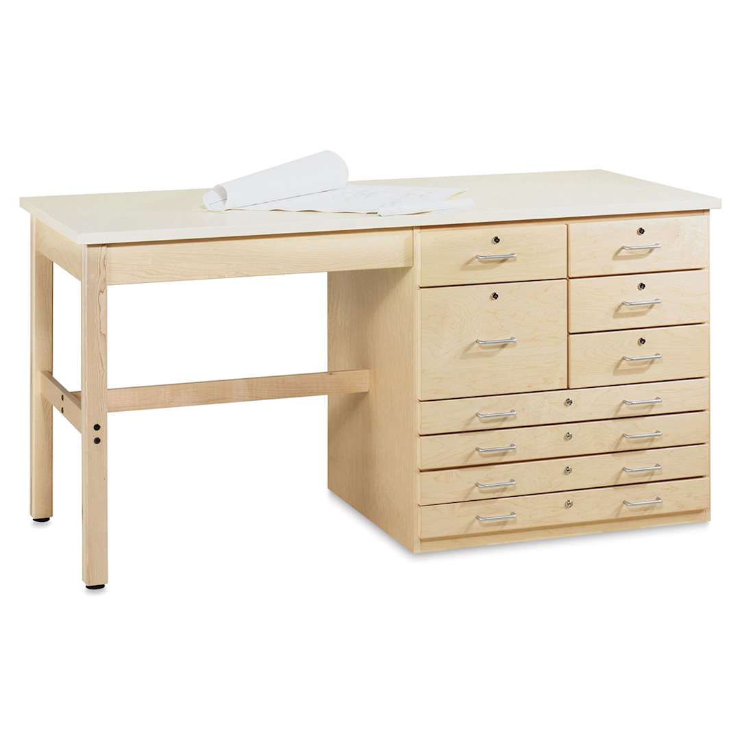 Open in modal - Diversified Spaces Planning and Layout Bench - Angled view showing desk area and varied file drawers