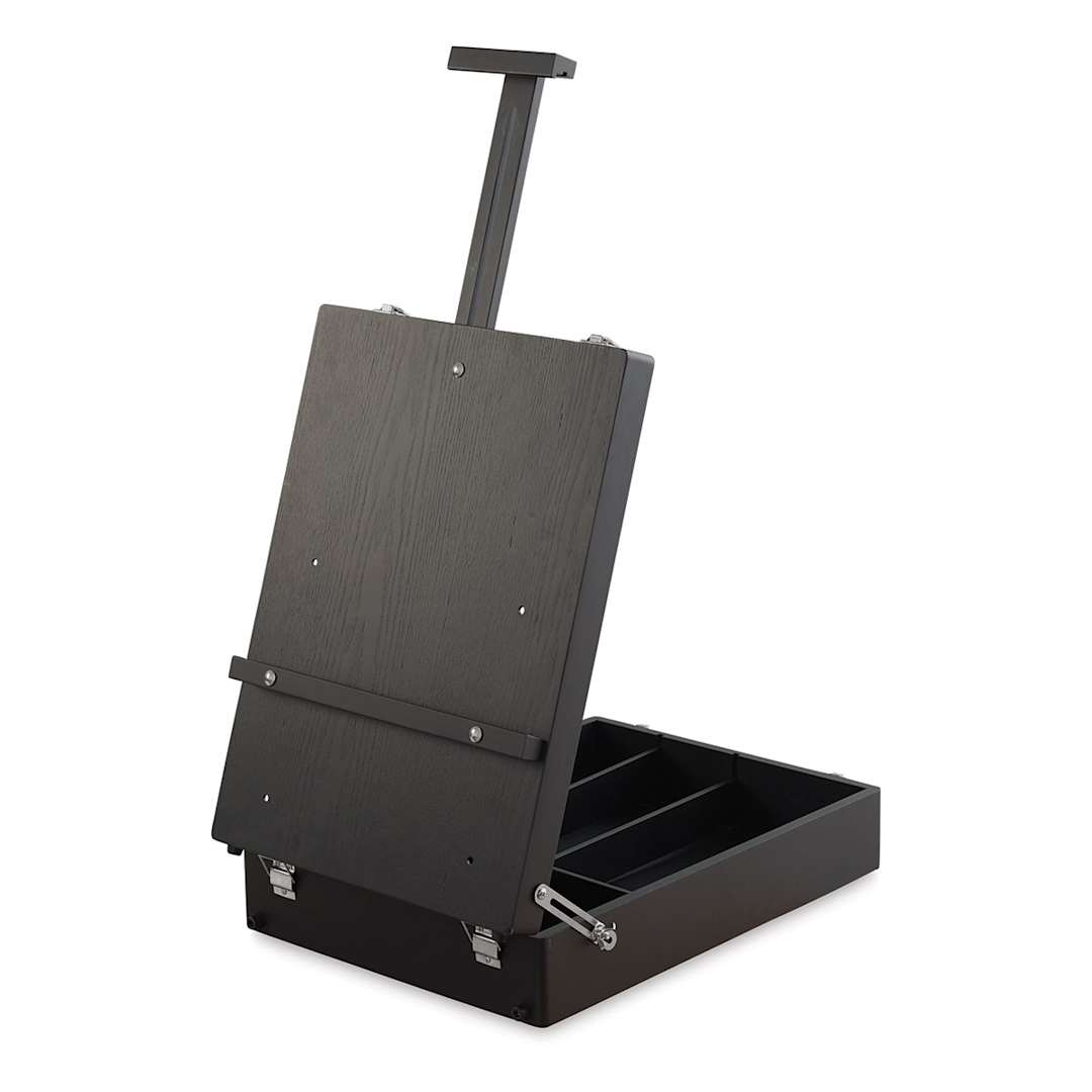Open in modal - Blick Studio Sketch Box Easel - Back of Lid of Black Beechwood easel showing mast extended