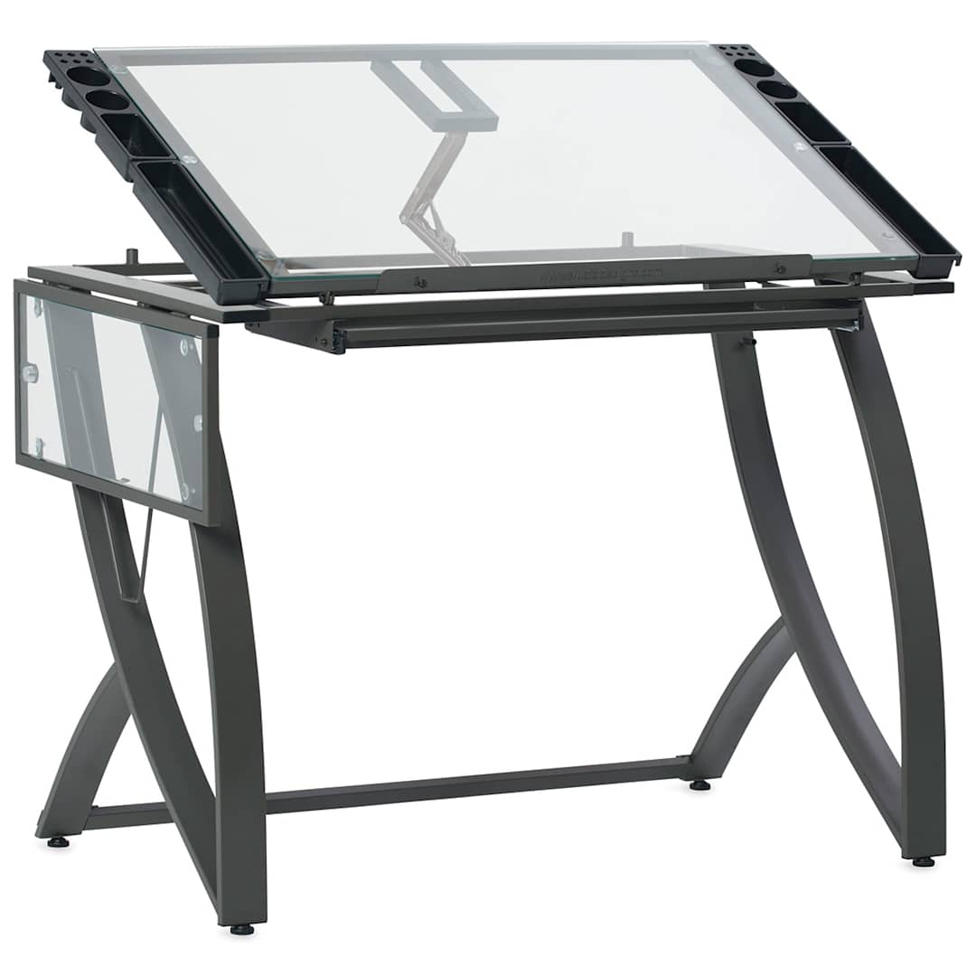 Open in modal - Studio Designs Futura Luxe Craft Table - Left Angle showing side shelf folded down and top tilted up