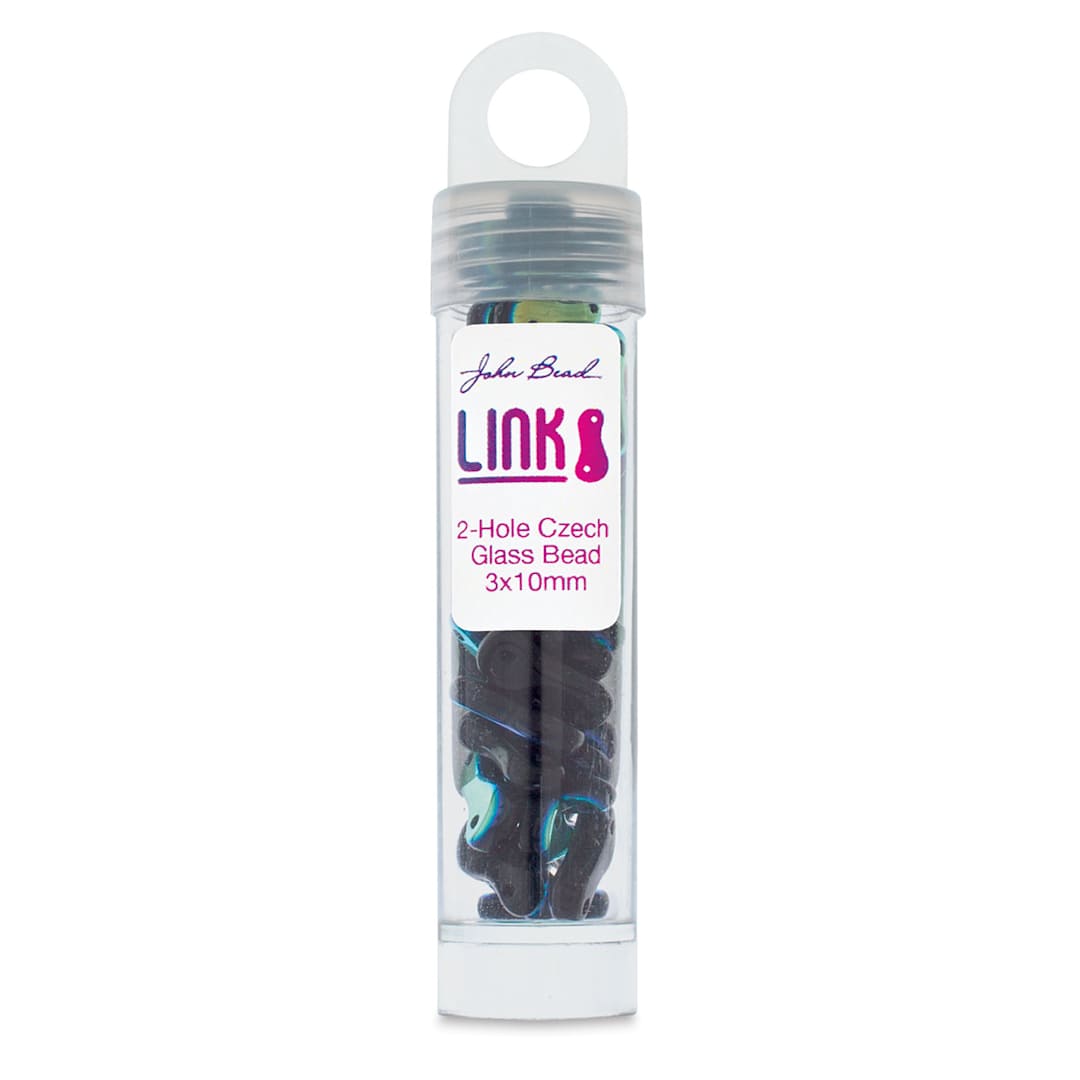 Open in modal - John Bead Czech Link Beads - Front of Tube of Black and Aurora Borealis beads