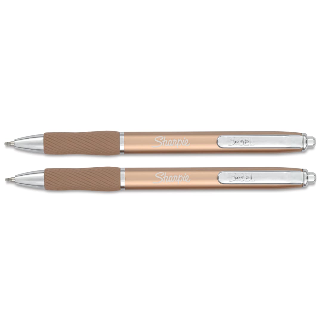 Open in modal - Sharpie Metal Barrel S-Gel Pens - Champagne, Pkg of 2, 0.7 mm, pens laid out