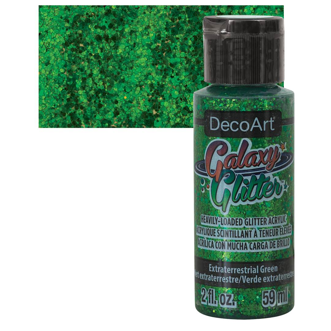 Open in modal - DecoArt Galaxy Glitter Paint - Extraterrestrial Green, 2 oz bottle and swatch