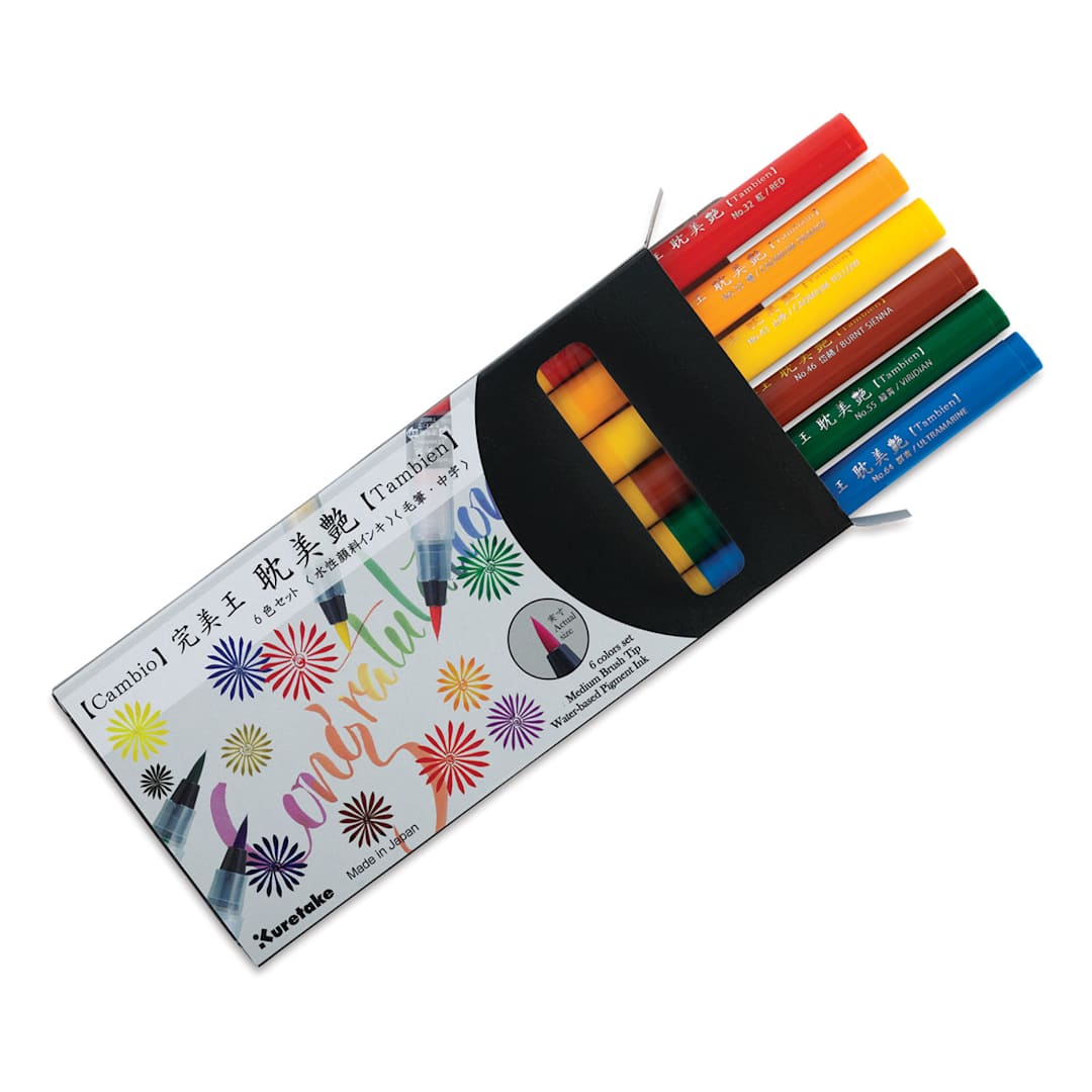 Open in modal - Kuretake Cambio Tambien Brush Pen - Set A package open with pens pulled halfway out 