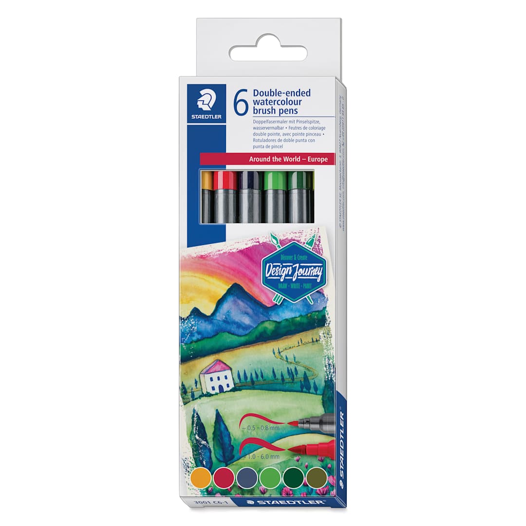 Open in modal - Staedtler Double-Ended Watercolor Brush Pens - Europe, Set of 6, front of the packaging