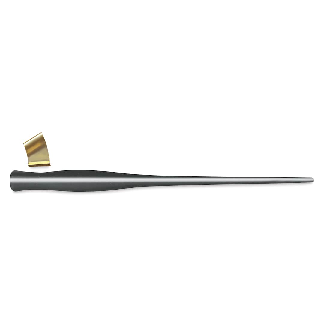 Open in modal - Speedball 2-in-1 Pen Holder - Gunmetal colored pen holder with Brass oblique flange laid out  