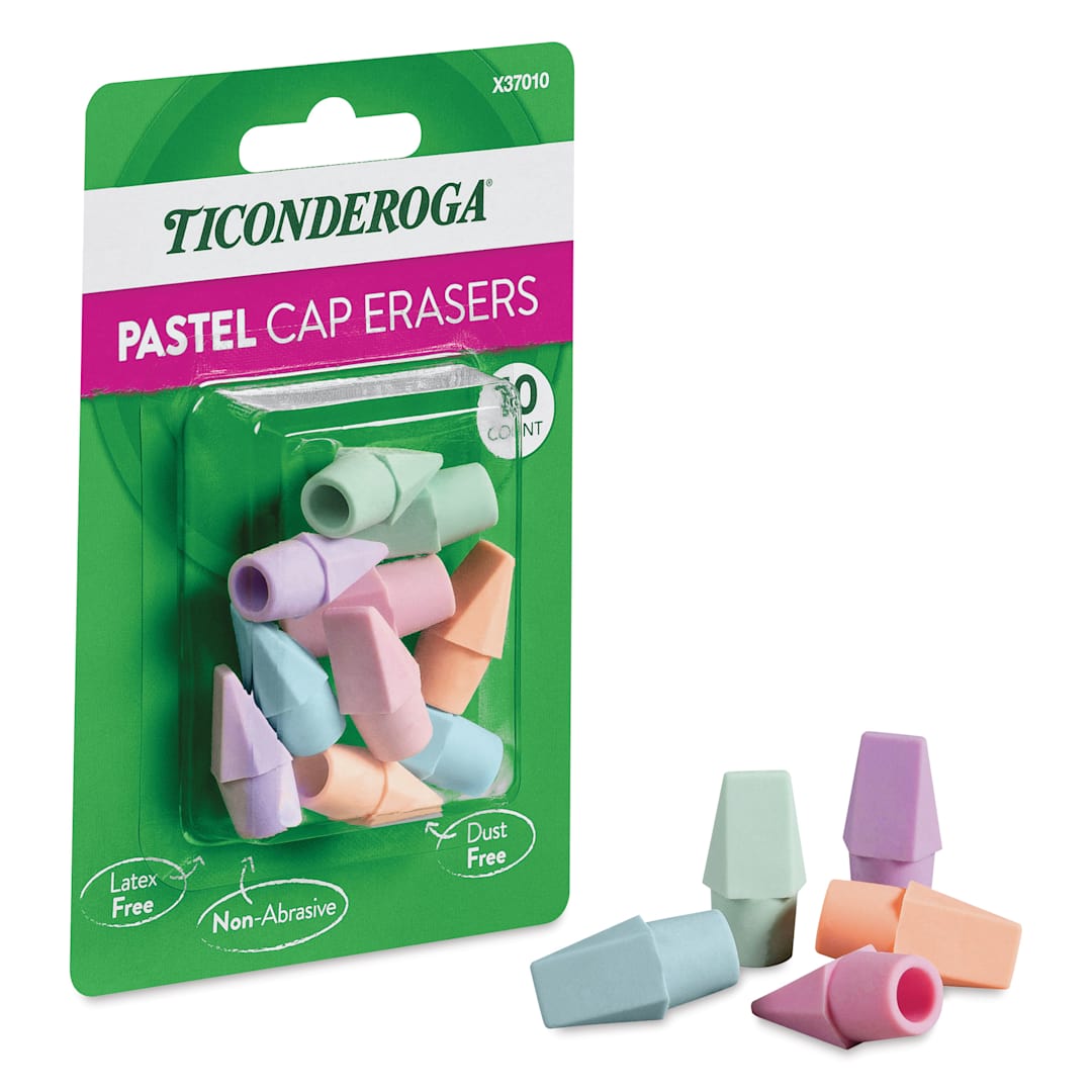 Open in modal - Dixon Ticonderoga Pencil Cap Erasers - Set of 10, Pastel Colors, angled view of packaing and erasers