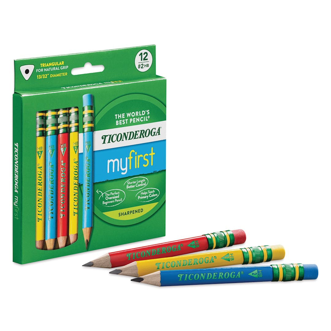 Open in modal - Dixon Ticonderoga My First Short Pencils - Set of 12, Red Yellow Blue, packaging with pencils