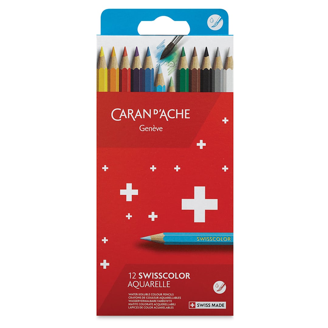 Open in modal - Caran d'Ache Swisscolor Water-Soluble Colored Pencils - Set of 12, Assorted Colors, front of packaging