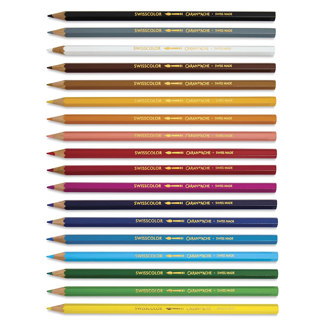 Open in modal - Caran d'Ache Swisscolor Aquarelle Colored Pencils and Poster, colored pencils laid out
