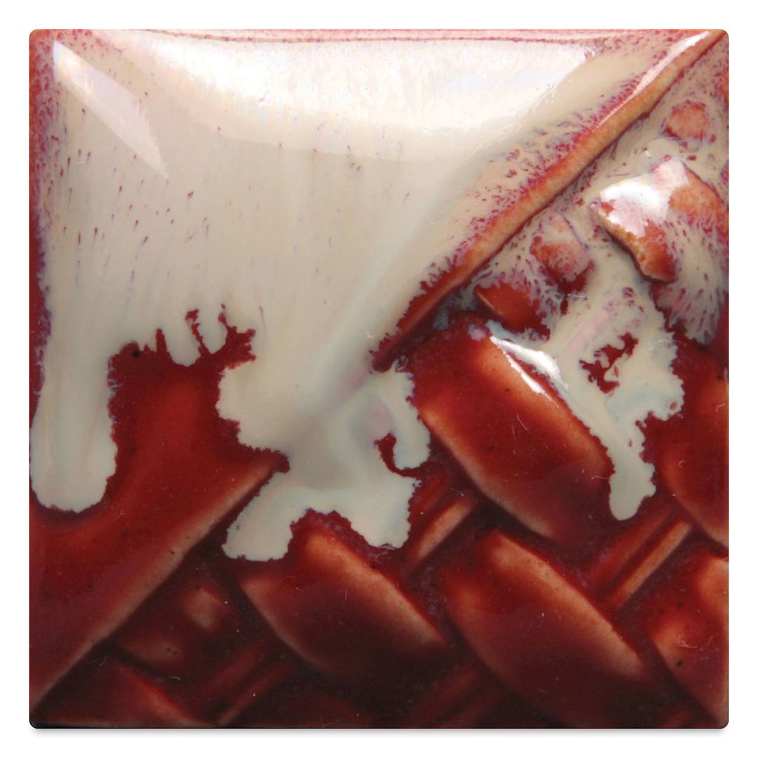 Open in modal - Mayco Stoneware Flux Glaze - Light fired at cone 6 oxidation, chips shown over SW-119 Cinnabar