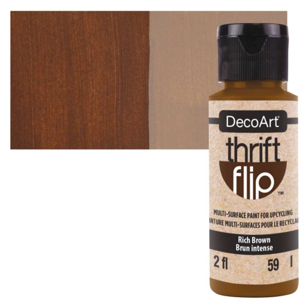 Open in modal - DecoArt Thrift Flip Multi-Surface Paint - Rich Brown, 2 oz bottle and swatch