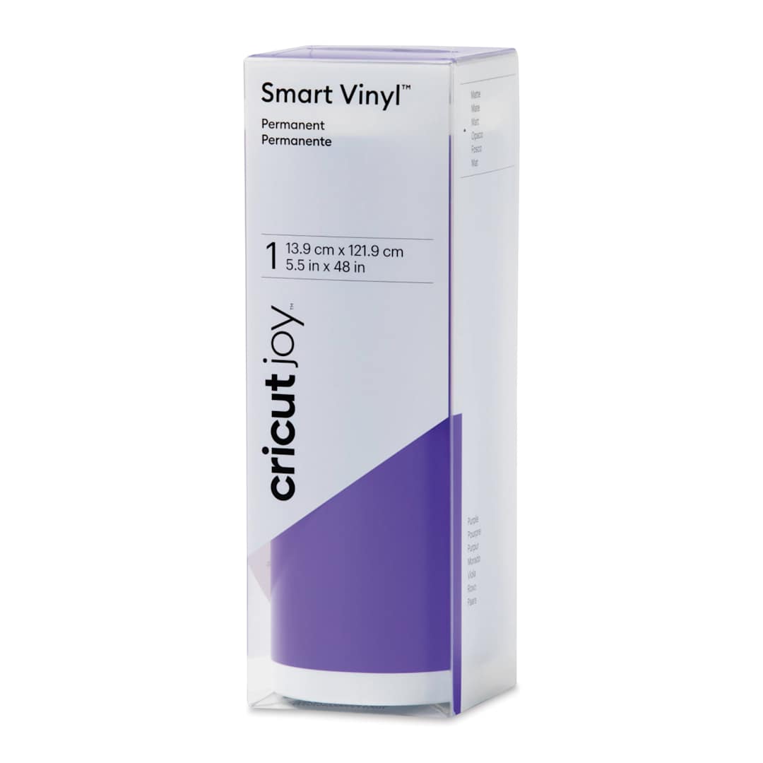 Open in modal - Cricut Joy Permanent Smart Vinyl - Purple, Matte, 5-1/2" x 48", roll inside of the packaging