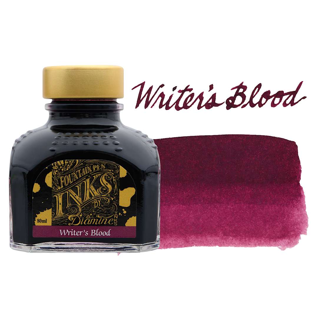 Open in modal - Diamine Fountain Pen Ink - Writer's Blood, 80 ml bottle with swatch