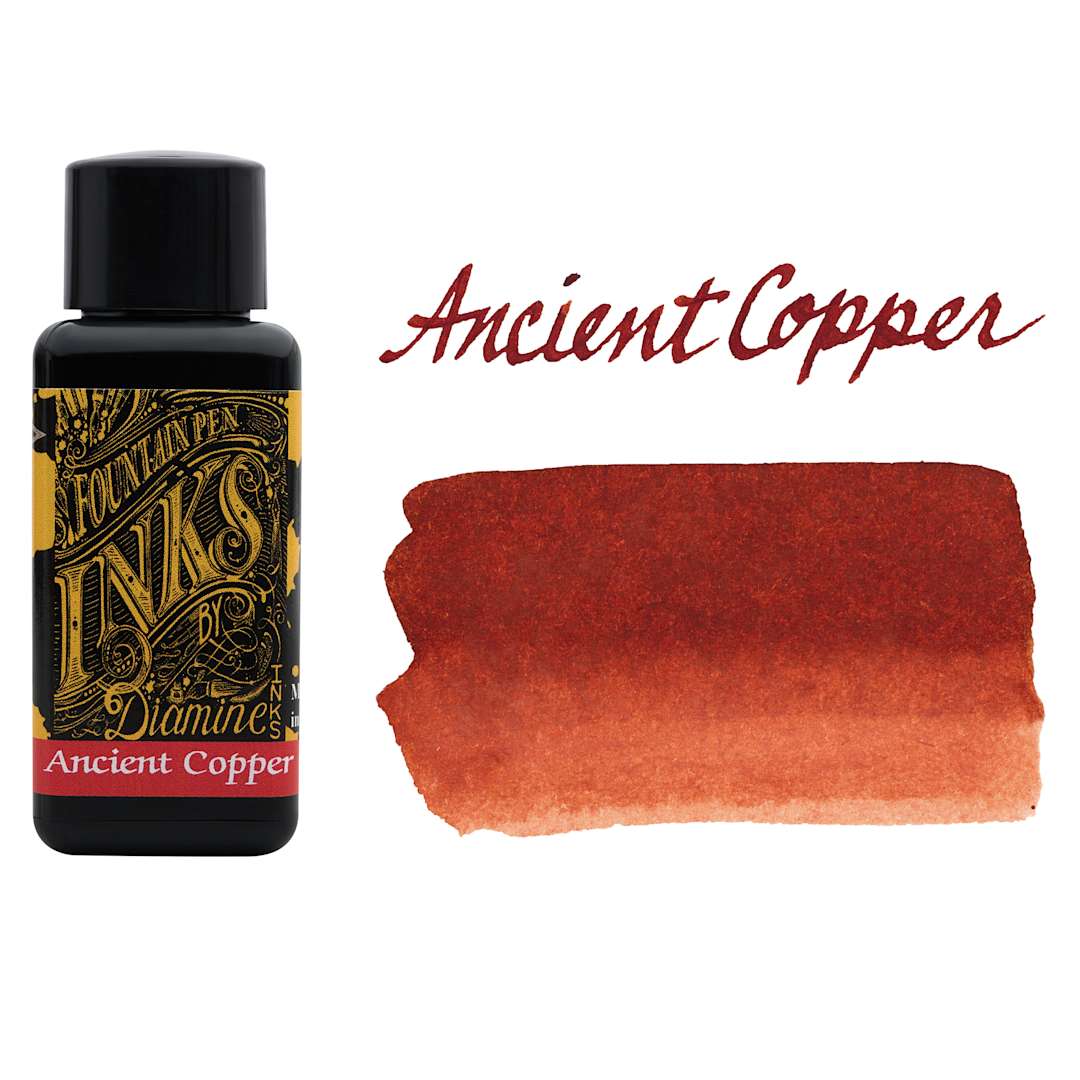 Open in modal - Diamine Fountain Pen Ink - Ancient Copper, 30 ml bottle and swatch