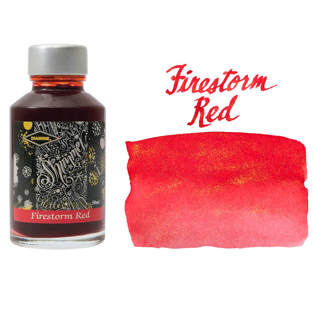 Open in modal - Diamine Shimmer Fountain Pen Ink - Firestorm Red, 50 ml bottle and swatch