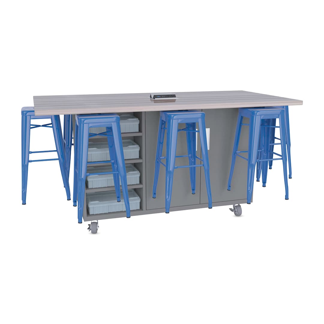 Open in modal - CEF Ed8 Work Table with Stools, 36"H table with royal blue stools and Northsea Grey finish.