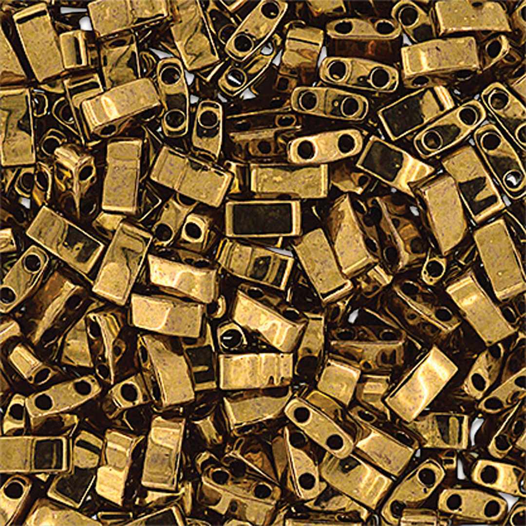Open in modal - John Bead Miyuki Half Cut Tila Beads - Dark Bronze, Opaque Metallic, 5 mm x 2.3 mm (Close-up of beads)