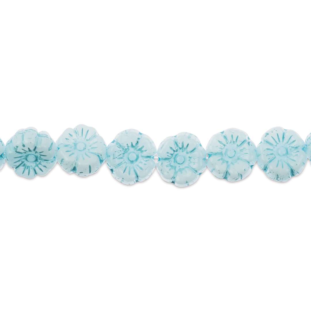 Open in modal - John Bead Czech Pressed Glass Flower Bead Strand - Light Blue on White, 9 mm