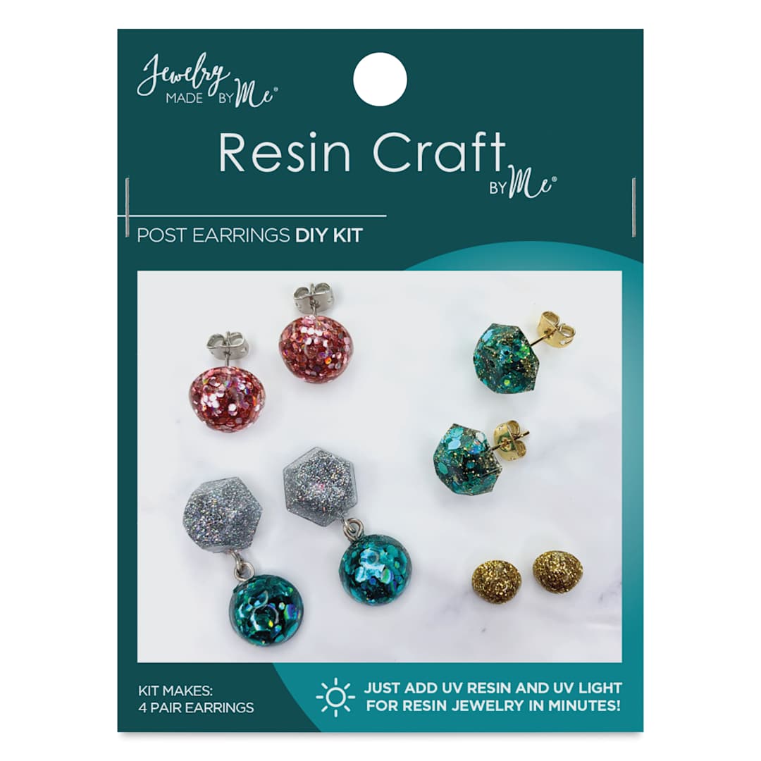 Open in modal - Jewelry Made By Me Post Earrings UV Resin DIY Kit front of packaging (resin sold separately)