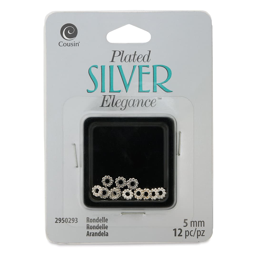 Open in modal - Cousin Plated Silver Elegance Rondelle Beads - Pkg of 12, 5 mm front of packaging