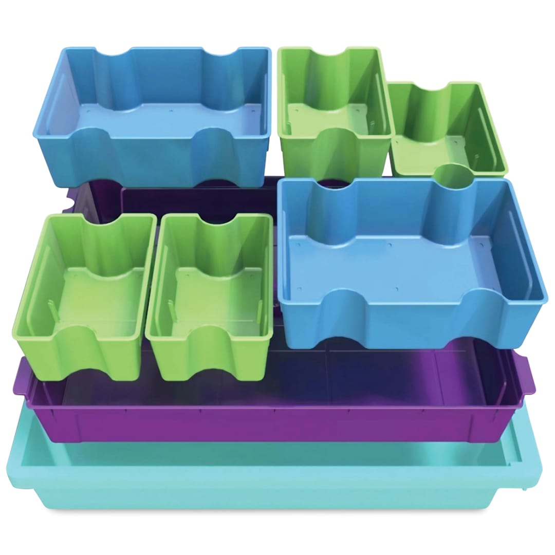 Open in modal - Gratnells Sorted Tray Inserts - Bright, Set of 52 (example of tray insert combination separated to show layering, top-view)