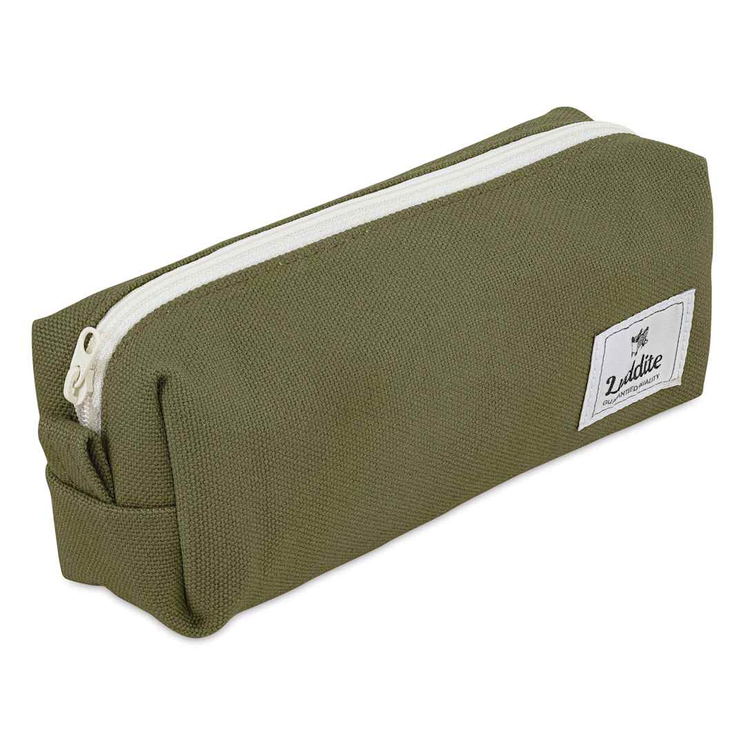 Open in modal - Luddite Canvas Box Pen Case - Khaki Green, zipped closed