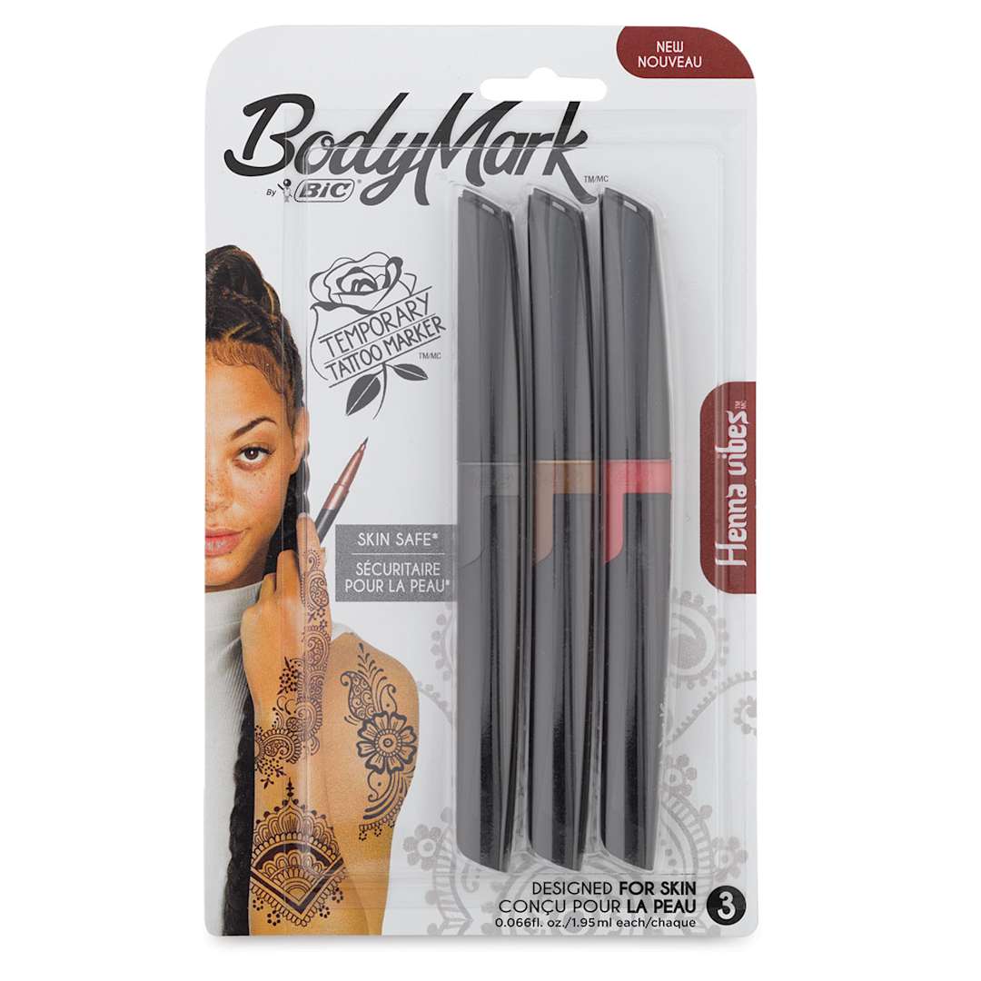 Open in modal - Bic BodyMark Temporary Tattoo Markers - Front of blister package of 3 Henna Markers