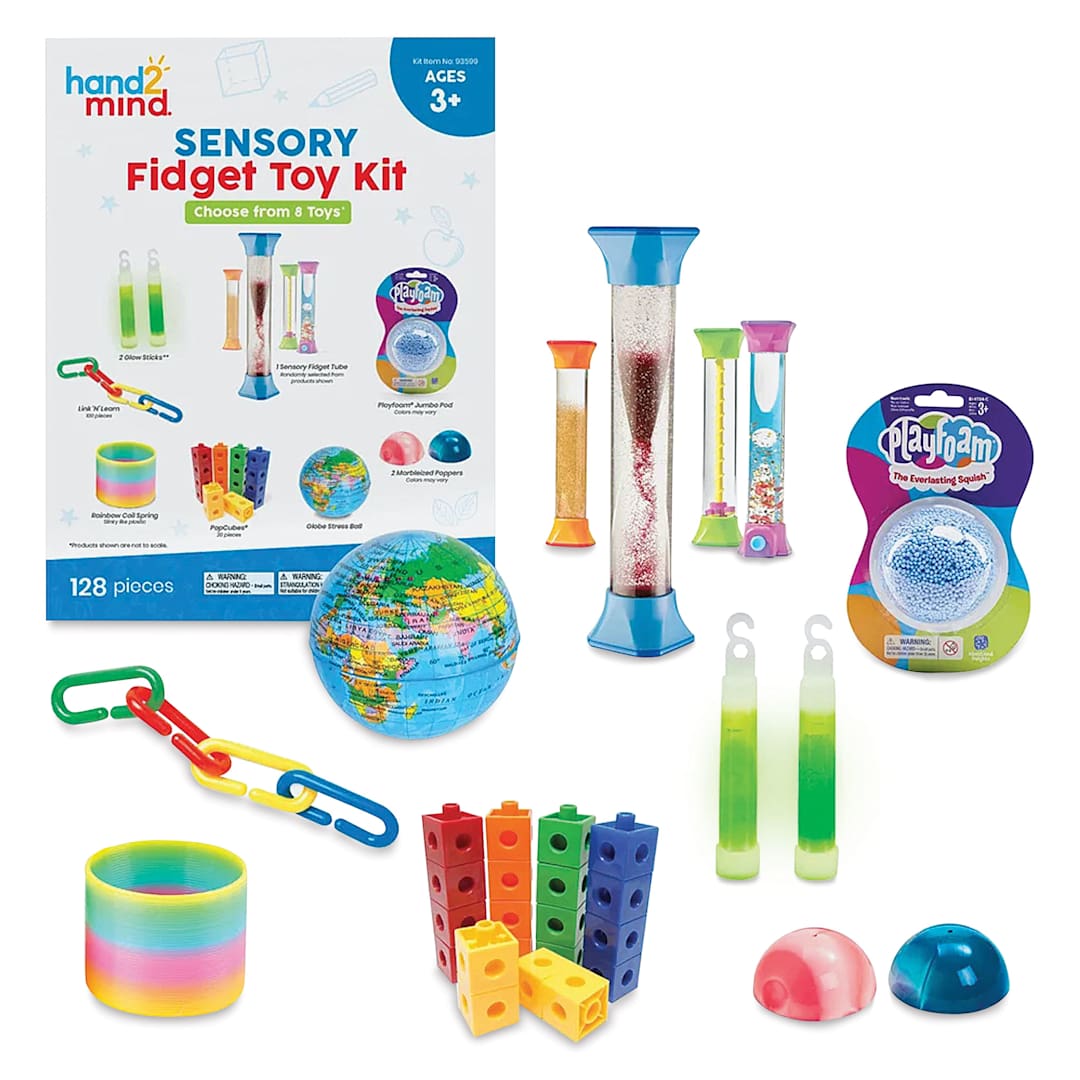 Open in modal - Hand2Mind Sensory Fidget Toy Kit (labeled contents list card and contents)