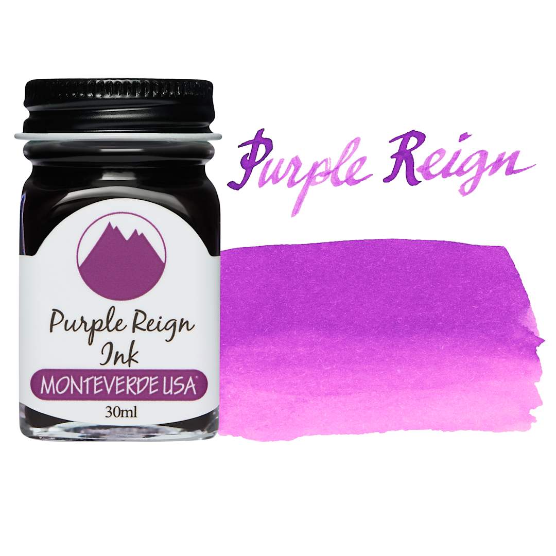 Open in modal - Monteverde Core Fountain Pen Ink - Purple Reign, 30 ml bottle and swatch