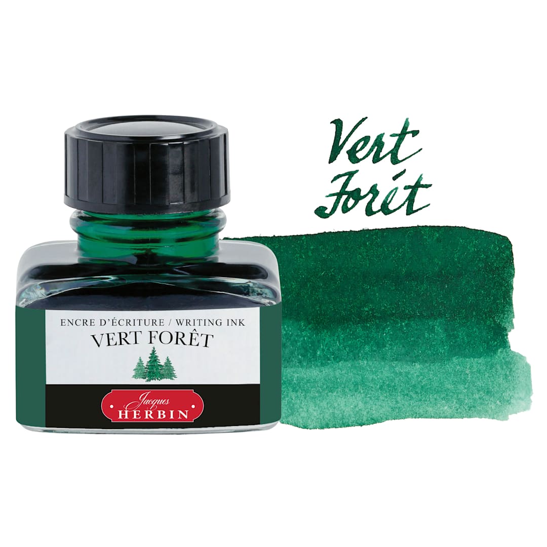 Open in modal - Herbin La Perle des Encres The Jewel of Inks Fountain Pen Ink - Vert Forét (Forest Green), 30 ml bottle with swatch