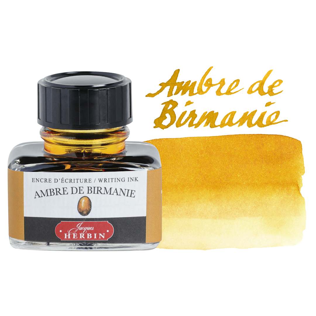 Open in modal - Herbin La Perle des Encres The Jewel of Inks Fountain Pen Ink - Ambre de Birmanie (Burmese Amber), 30 ml bottle with swatch