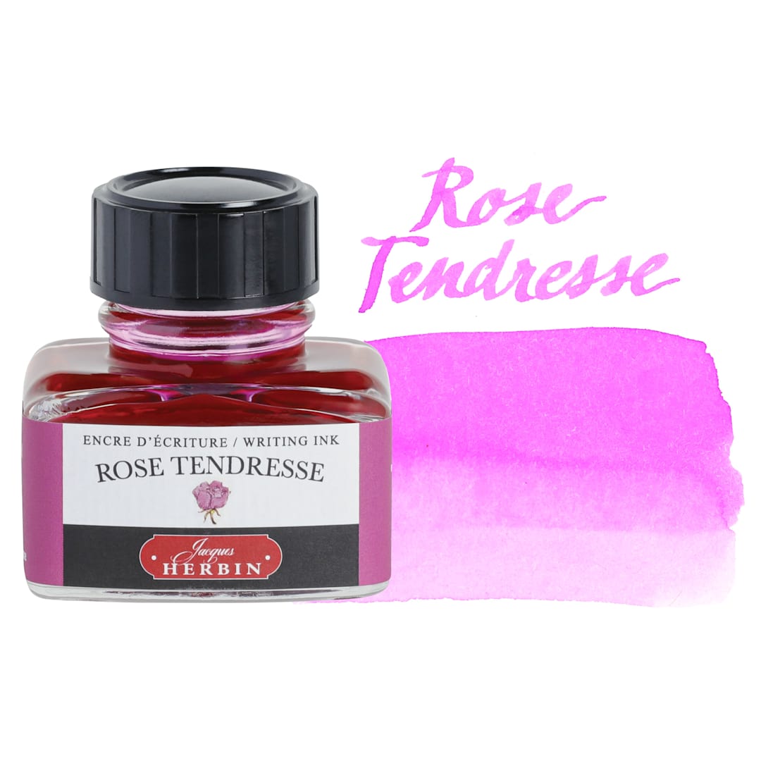Open in modal - Herbin La Perle des Encres The Jewel of Inks Fountain Pen Ink - Rose Tendresse (Tender Rose), 30 ml bottle with swatch