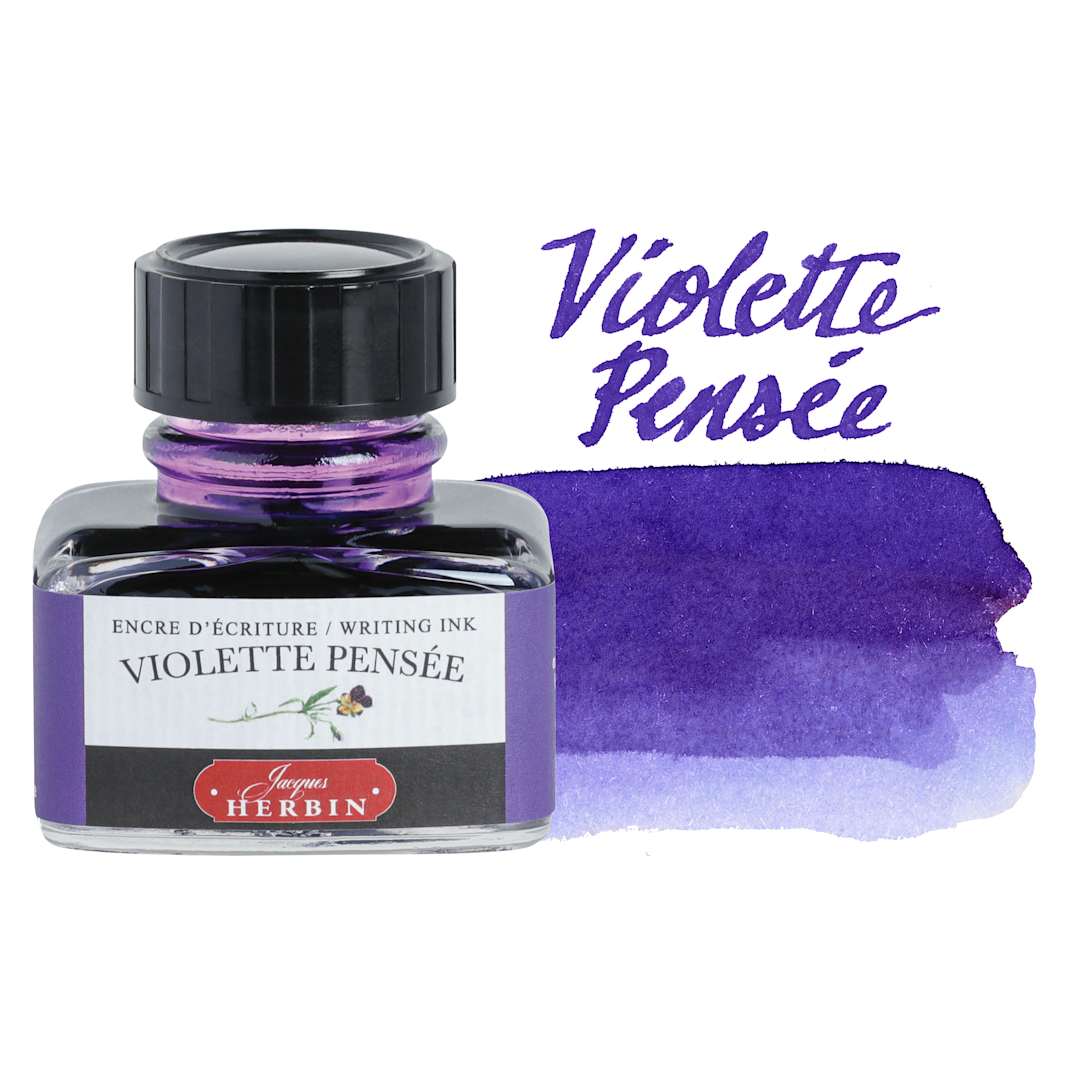 Open in modal - Herbin La Perle des Encres The Jewel of Inks Fountain Pen Ink - Violette Pensée (Pansy Violet), 30 ml bottle with swatch