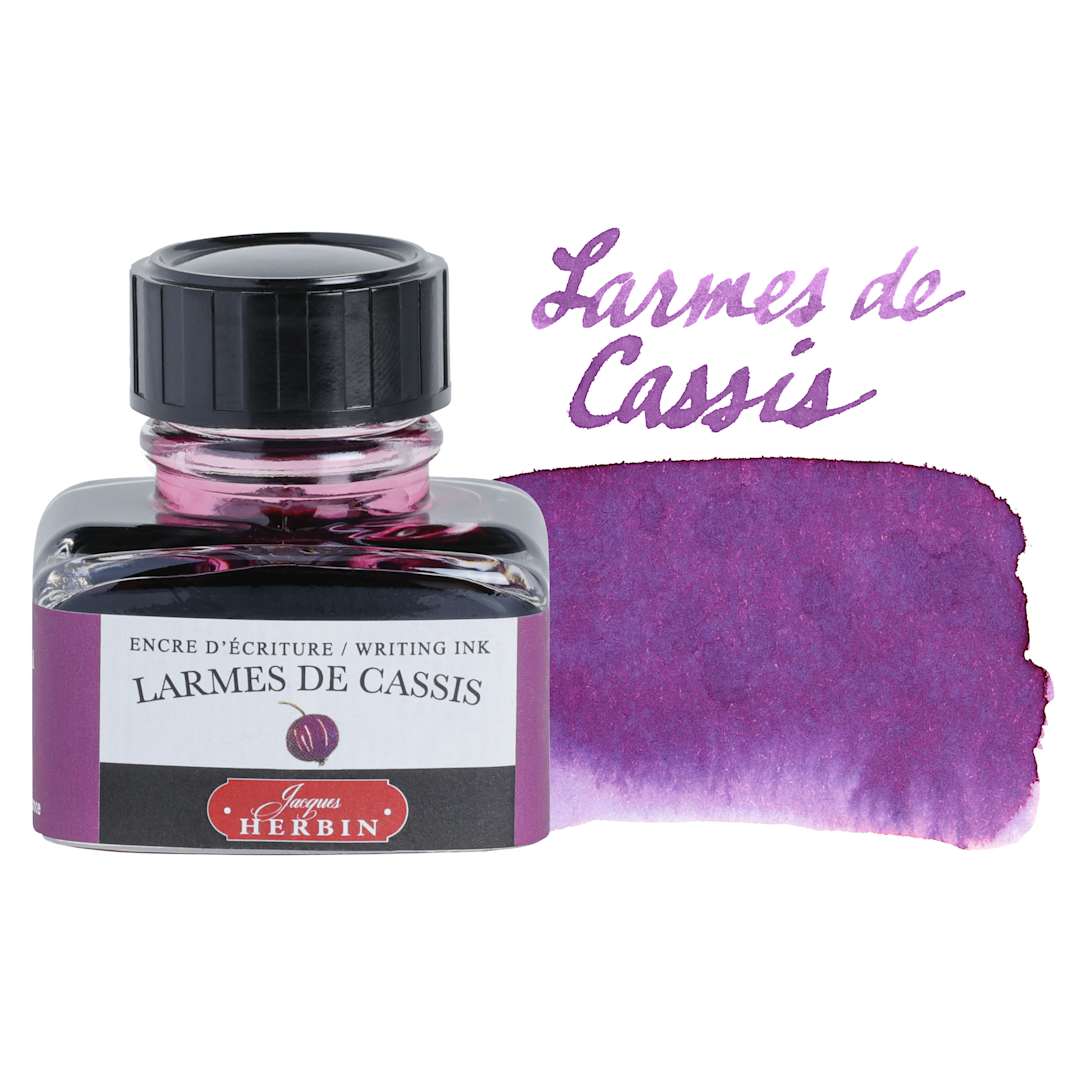 Open in modal - Herbin La Perle des Encres The Jewel of Inks Fountain Pen Ink - Larmes de Cassis (Blackcurrant Tears), 30 ml bottle with swatch