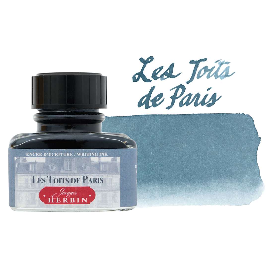 Open in modal - Herbin Paris Collection Fountain Pen Ink - Les Toit de Paris (Grey), 30 ml bottle with swatch