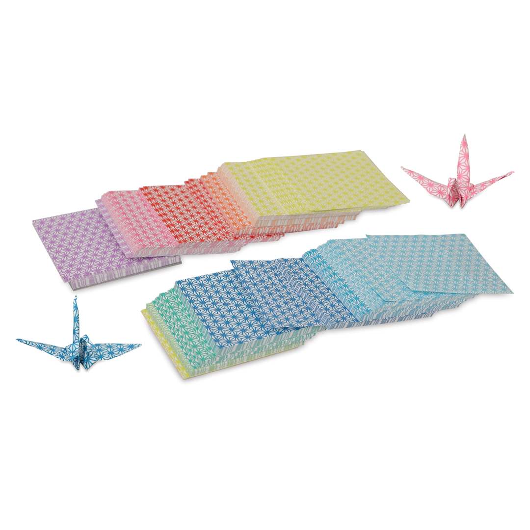 Open in modal - Aitoh Chiyogami Star Pattern Thousand Cranes Origami Kit (origami papers laid out with two finished origami cranes)