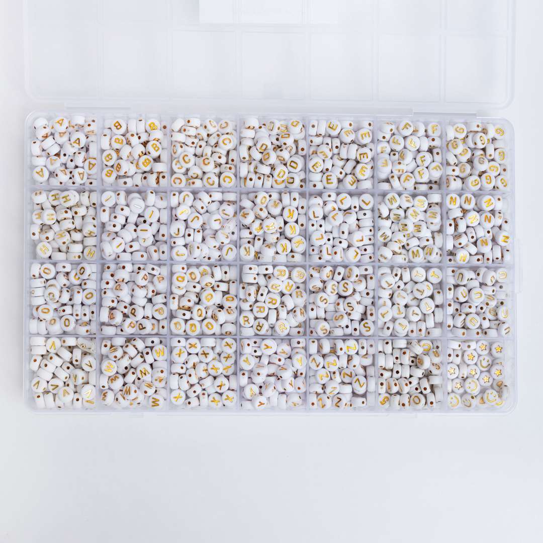 Open in modal - Jewelry Made By Me Letter Bead Box - Pkg of 1,600, White Beads, Gold Letters