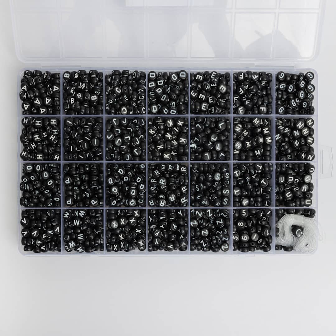 Open in modal - Jewelry Made By Me Letter Bead Box - Pkg of 1,600, Black Beads, White Letters