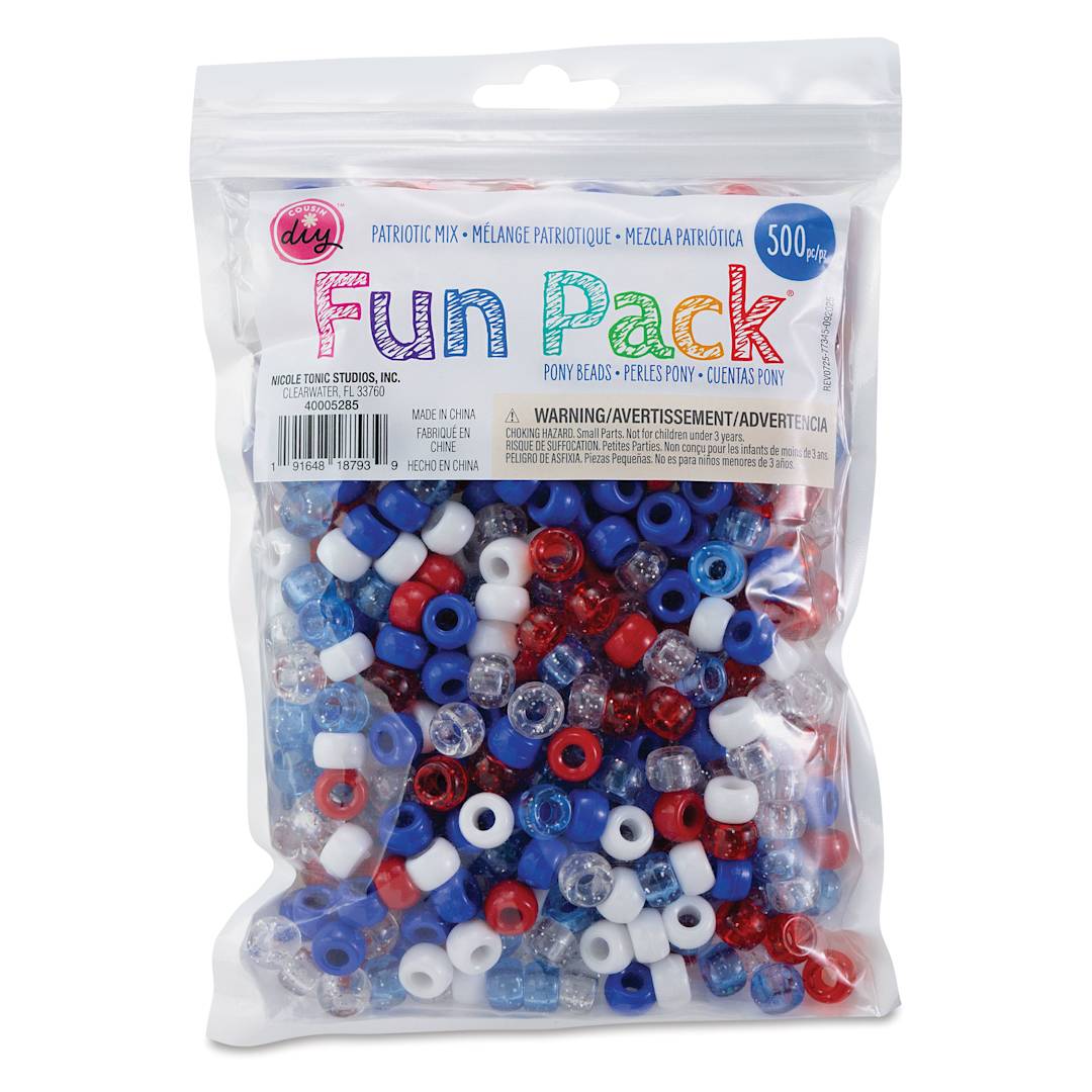 Open in modal - Cousin DIY Fun Pack Pony Beads - Pkg of 500, Patriotic Mix, 6 mm x 9 mm front of packaging