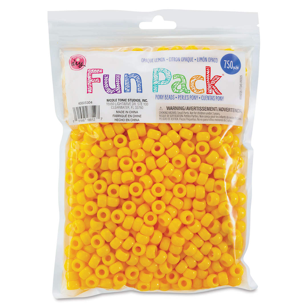 Open in modal - Cousin DIY Fun Pack Pony Beads - Pkg of 750, Lemon, 6 mm x 9 mm front of packaging