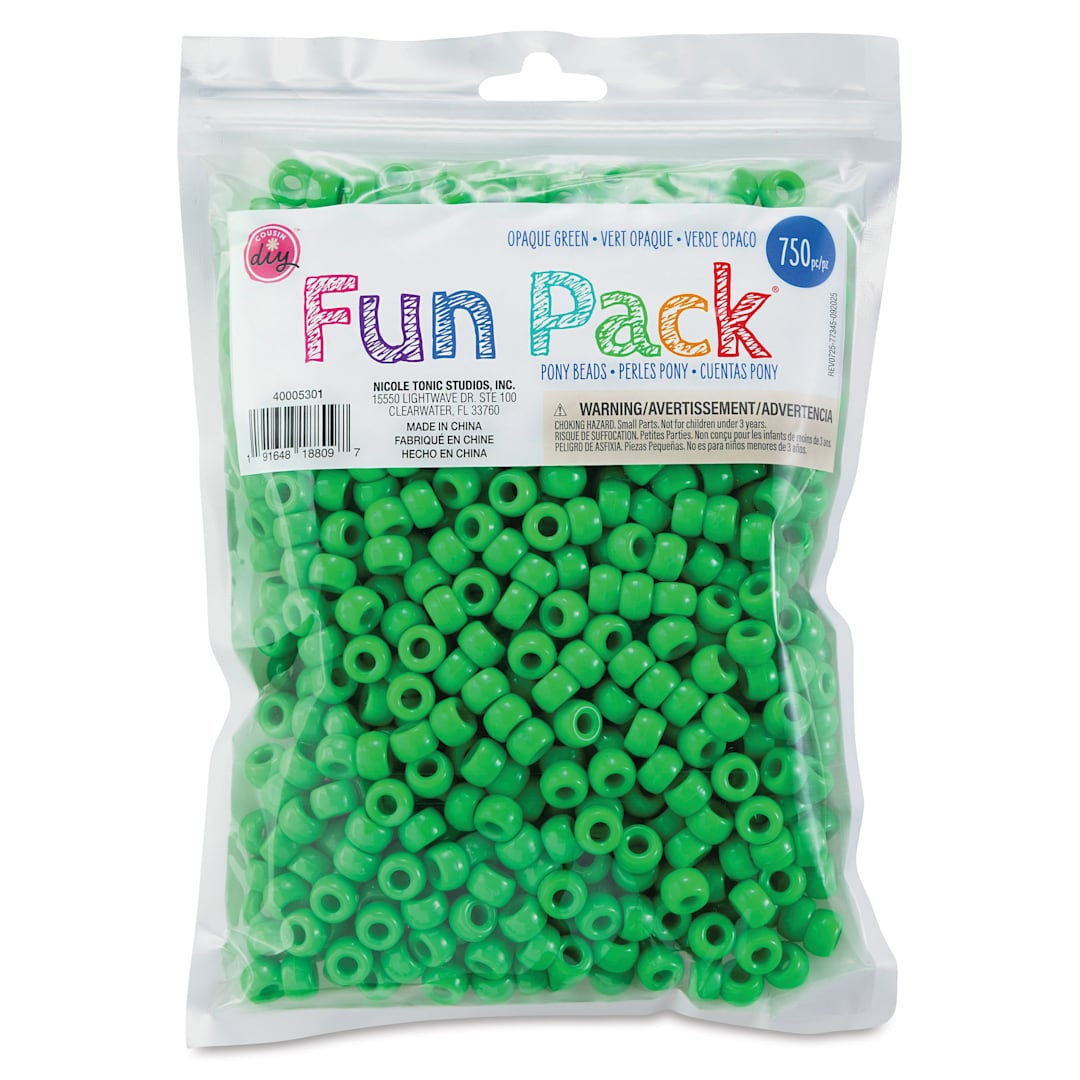 Open in modal - Cousin DIY Fun Pack Pony Beads - Pkg of 750, Green, 6 mm x 9 mm front of packaging