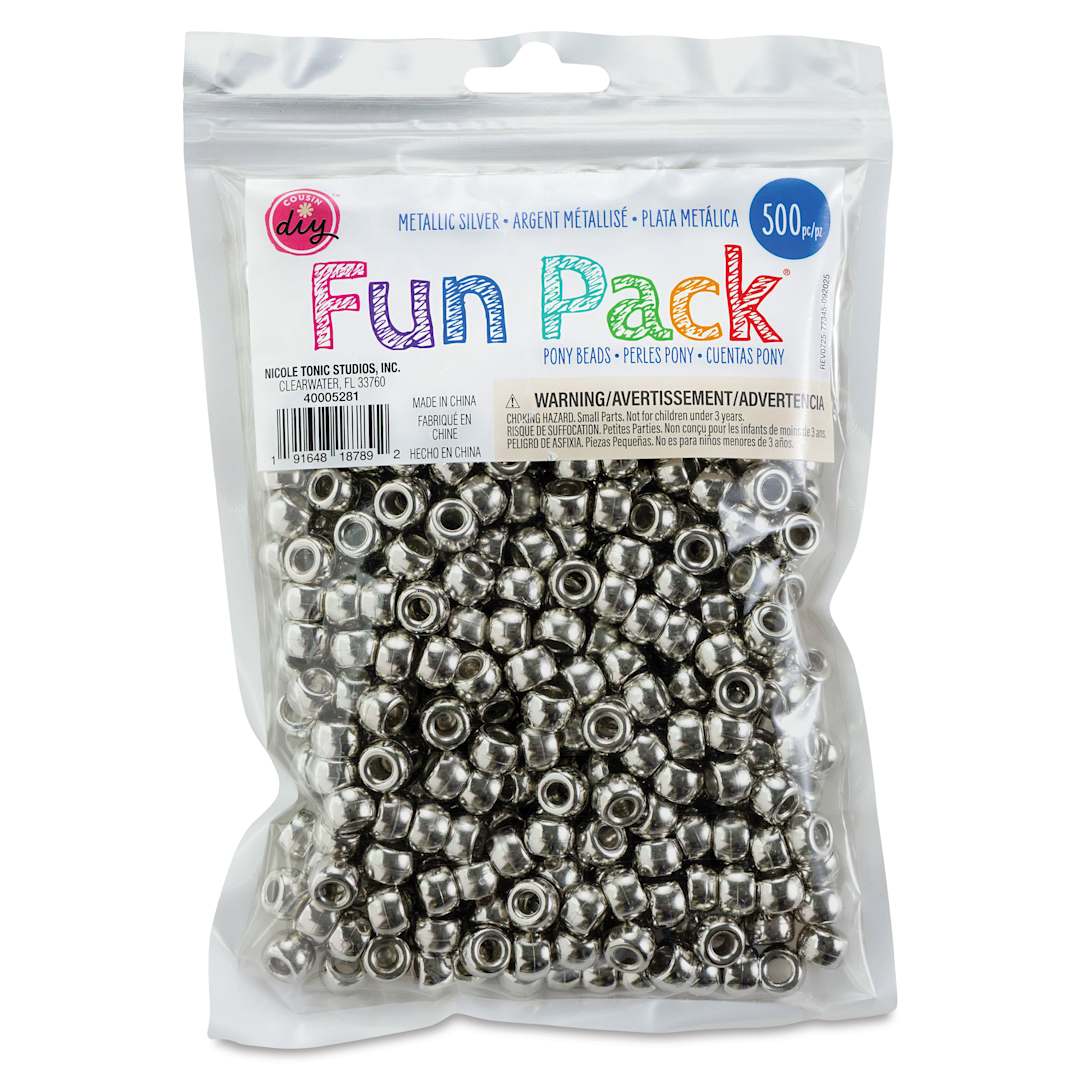 Open in modal - Cousin DIY Fun Pack Pony Beads - Pkg of 500, Metallic Silver, 6 mm x 9 mm front of packaging