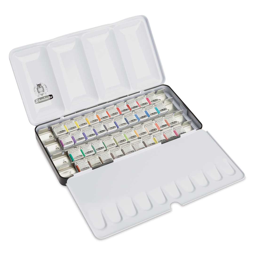Open in modal - Schmincke Akademie Aquarell Watercolor Pans - Set of 40, Metal Case, Assorted Colors, Half Pans