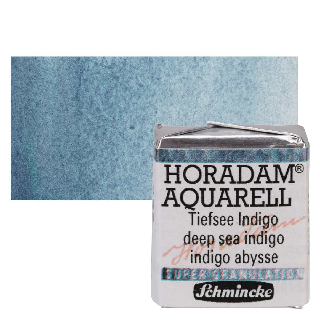 Open in modal - Schmincke Horadam Aquarell Watercolor - Deep Sea Indigo, Supergranulation, Half Pan and swatch