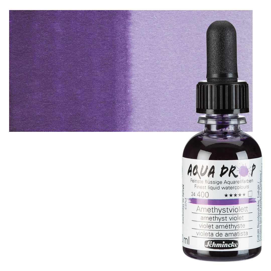 Open in modal - Schmincke Aqua Drop Watercolor - Amethyst Violet, 30 ml bottle bottle and swatch